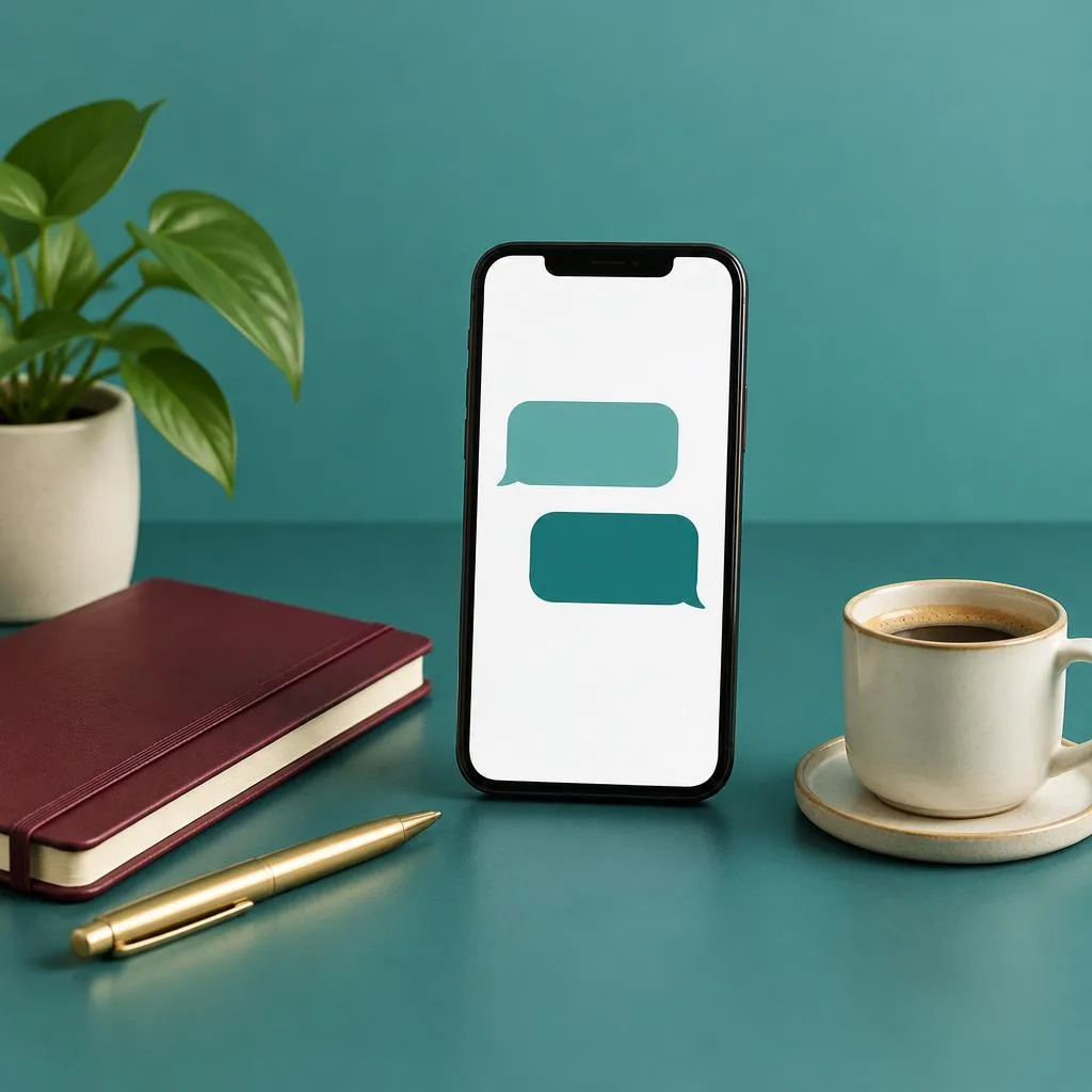 Celular com mensagens em uma mesa de trabalho, ao lado de um caderno e café
